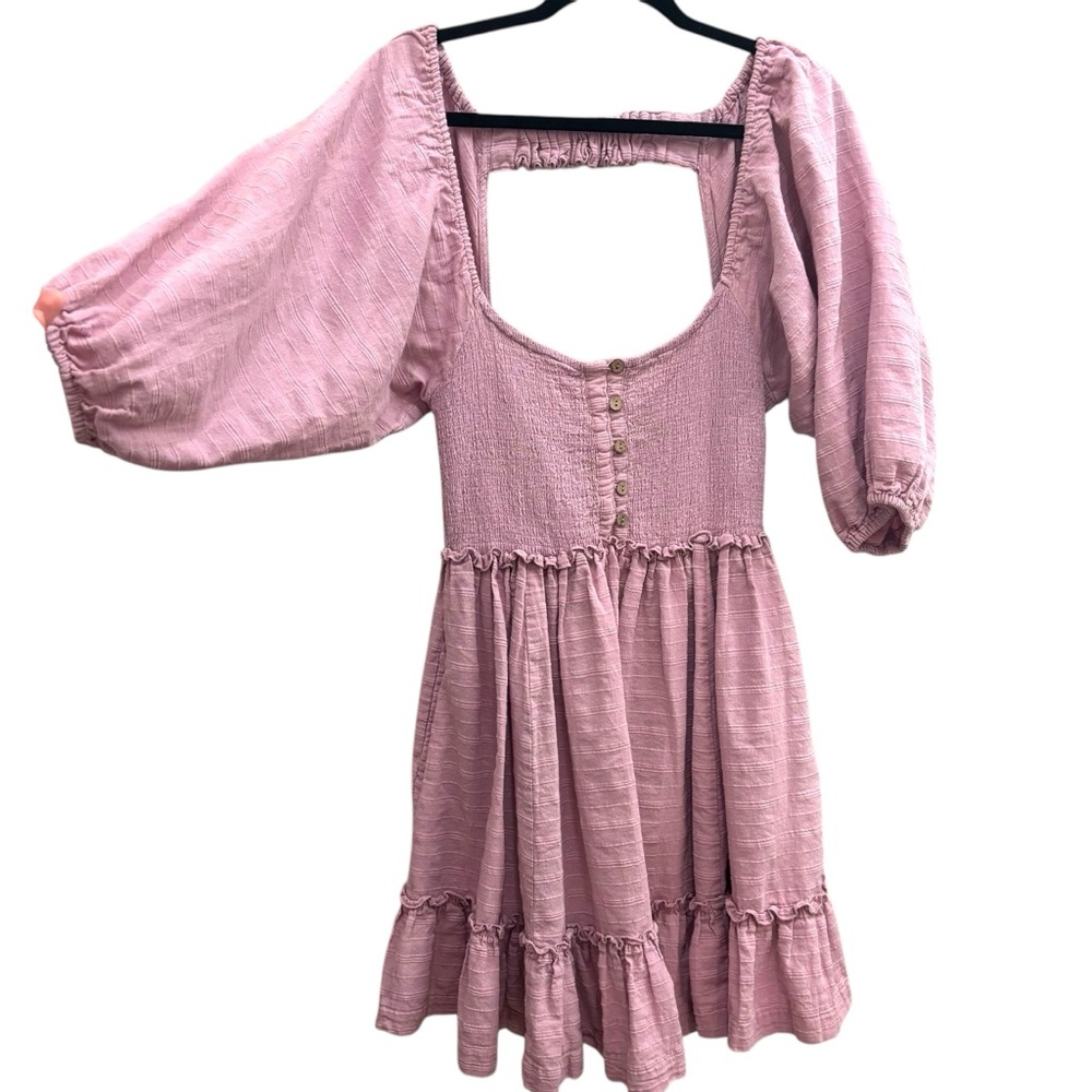 Free people smocked button puff sleeve mini dress